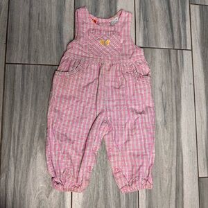 Vintage Girls McKids Pink Plaid Gingham Overalls Romper 12 Months Embroidered
